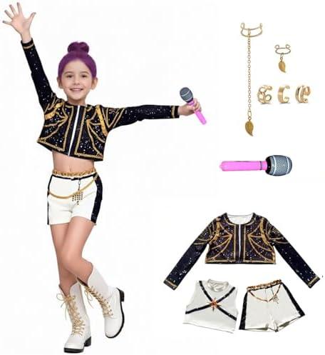 ZGHQHCDRH 3Pcs Girls Halloween Costume Pop Singers Matching Outfits with Accessories for Kids 3-12 Years (160)