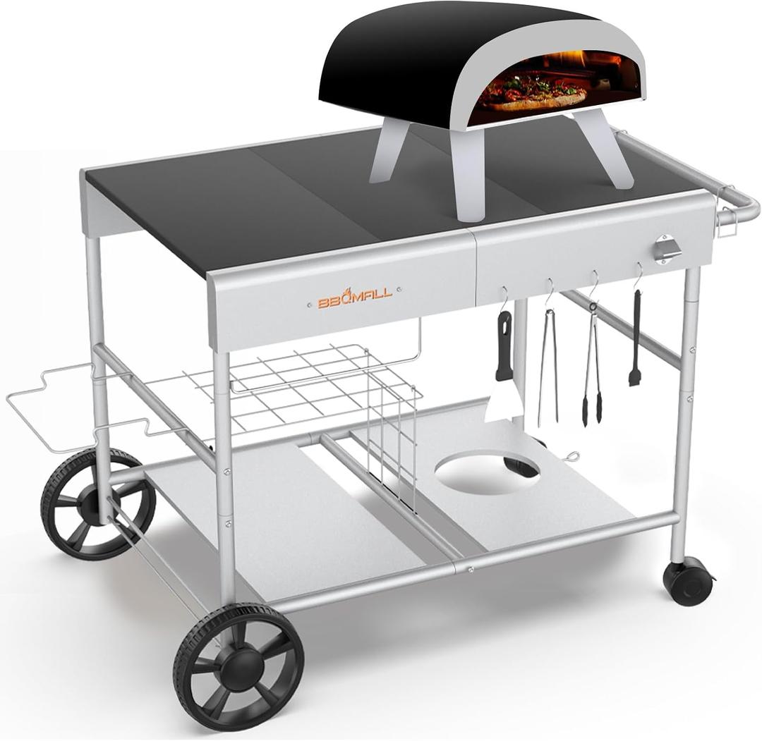 Upgraded Pizza Oven Cart Table for Ooni Koda/Karu/Fyra 16 & 12, Movable Thicken & Widen Rolling Kitchen Cart, Outdoor Grill Stand for Ninja Woodfire,Blackstone Griddle,Barbecue Tool Set
