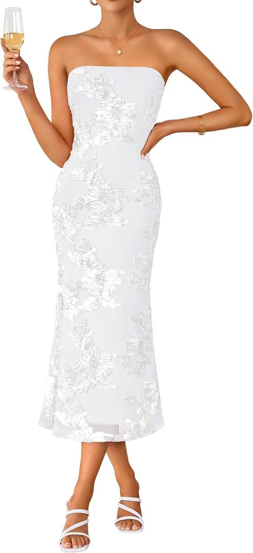 ZESICA Women's Summer Strapless Floral Midi Dress 2026 Bodycon Mesh Tube Wedding Guest Cocktail Party Formal Dresses White Small