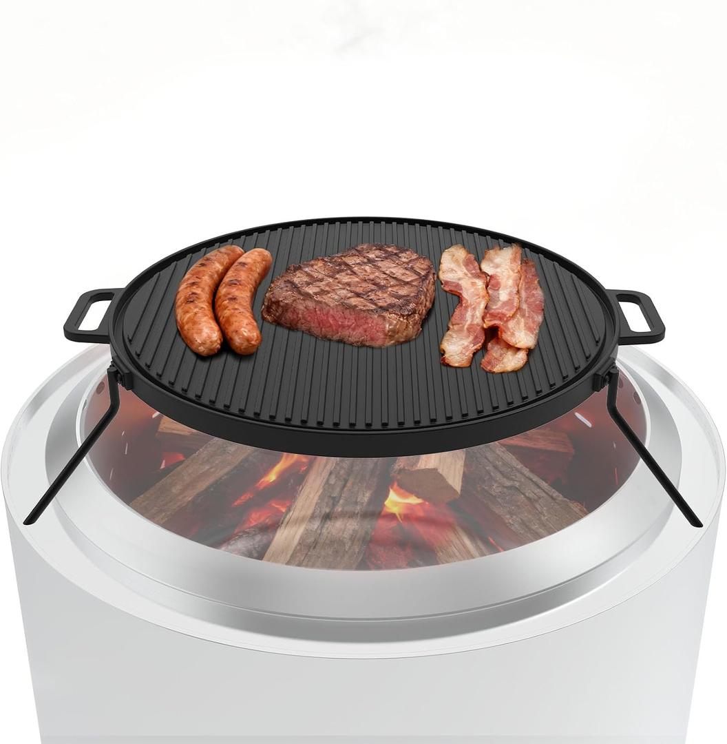Reversible Cast Iron Griddle Grill Cookware for Solo Stove Bonfire 19.5" Fire Pit and Yukon 27" Fire Pit Accessories, Portable Round Iron Pan with 3 Removable Legs for Outdoor BBQ Cooking & Camping