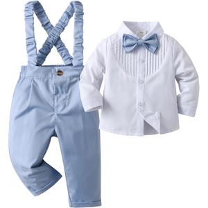 Baby Boys Pants Sets, Infant Long Sleeve Shirt + Pants + Bow Tie + Suspenders,Toddler Gentleman Outfits (3-4T, Light Blue+white)