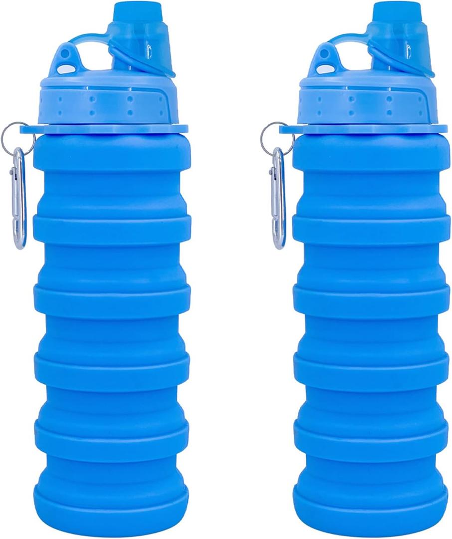 Collapsible Water Bottles Travel water bottle Sports Portable Sport Water Bottle Reusable Water Bottles comes with mountaineering Buckle 500ml silicone Water-proof camping water bottle (2 Pack, Blue+Blue)