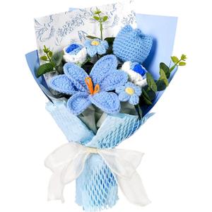 Knitted Flower Bouquet - Handmade Tulip Rose Daisy Crochet Flowers Bouquet for Mother's Day Father's Day Graduation Birthday Teacher Appreciation Gifts Home Decor Blue