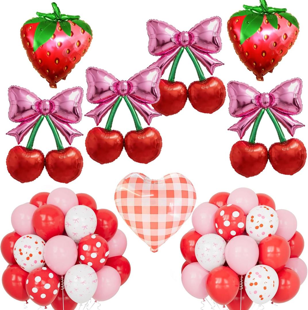DBKL Cherry Balloons with Pink Bow & Strawberry Foil Balloons, Cherry On Top Party Decorations for Berry First Birthday, Baby Shower, Bridal Shower, Summer Fruit Party Supplies, Red Pink