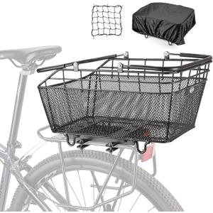CXWXC Rear Bike Basket with Handle - Quick Release Bicycle Rear Basket with Cargo Net and Waterproof Cover, Wire Bike Baskets Rear Large Capacity (Wire Bike Basket)