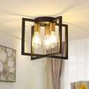 3-Light Ceiling Light Fixture, Black and Gold Semi-Flush Mount Chandelier with Geometric Metal Shade, Farmhouse Industrial Lighting for Kitchen Living Room Bedroom Hallway Foyer, E26 Base