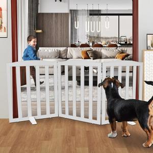 Freestanding Dog Gate Indoor,Doggie Gate Foldable Pet Gates for Doorways, Stairs or Hallways, Wooden Grey Pet Gate for the House, Pet Fence with Support Feet Included,24 "Height-3 Panels