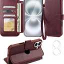 VANAVAGY Compatible for iPhone 16 Wallet Case, PU Leather Folio Flip Cover with RFID Blocking Card Holder Wrist Strap Kickstand for Wireless Charging, [Screen Protector & Camera Cover], Burgundy