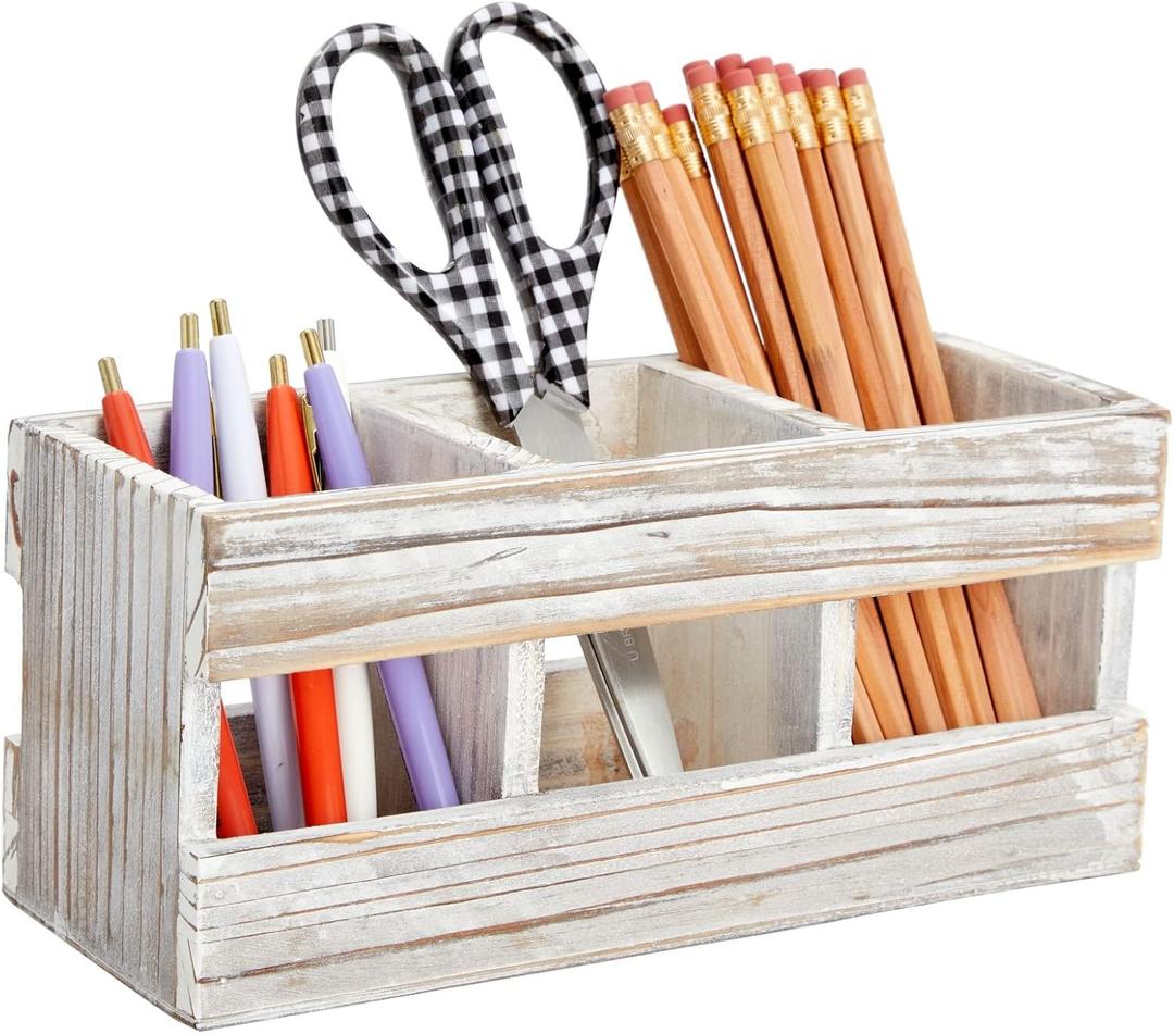 Juvale Rustic-Style Desk Pencil Holder with 3 Compartments - Farmhouse Decor and Wooden Organizer for Pen and Office Accessories