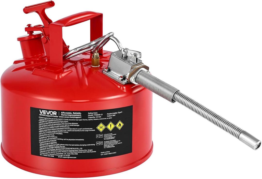 VEVOR Safety Metal Container, 2.5-Gal Type II Red Metal Container for Liquid Material with Stainless Flame Arrester, Self-Closing Lid, Flexible Metal Spout, Carbon Steel Flammable Saving with Handle