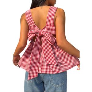 WDIRARA Women's Linen Tie Back Tank Top Square Neck Plaid Peplum Babydoll Tops (Red, M)