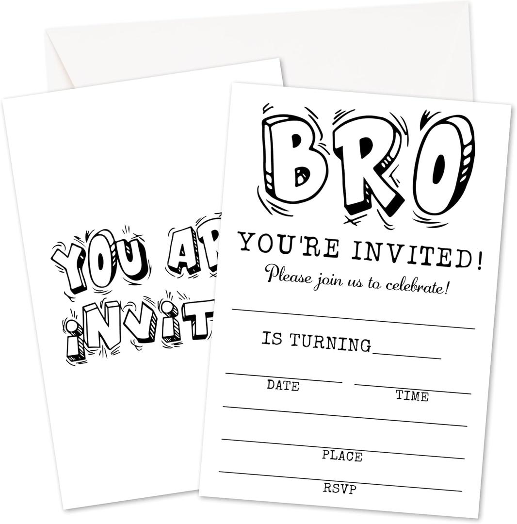 Boy Birthday Invitations, Bro You In Invites Cards, Brother Birthday Party Celebration Favors Supplies, 20pcs Teen Boy Party Fill In Invitation Cards With Envelopes -20