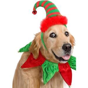 Dog Elf Hat Headband and Christmas Pet Collar with Bells