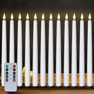 Homemory 12 Pcs Flameless Taper Candles with Remote Timer Dimmer, 11 inches White LED Taper Candles, Plastic Battery Operated Candlesticks with Flickering Flame for Halloween Christmas Wedding Party