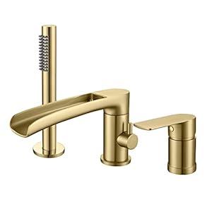TapLong Waterfall Roman Tub Faucet with Hand Shower, Widespread Deck Mount Bathtub Faucet with Sprayer, Single-Handle 3-Holes Bathtub Shower Faucet Set in Brushed Gold, 03119BG