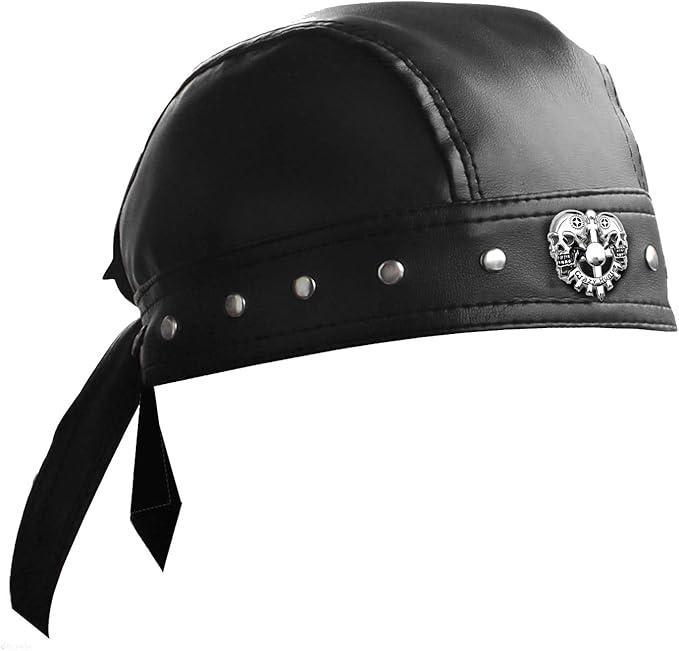 punkman2000 Cycling Bandana Doo Rags Adjustable Skull Cap Motorcycle Biker Leather Cap Black