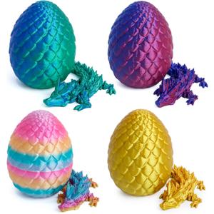 4 Pack 3D Printed Dragon Egg, Small Eggs with Dragon Inside, Articulated Crystal Dragon Fidget Toy, Desk Decor Pet, Mystery Figure Decor (Blue+Green+Candy+Gold)