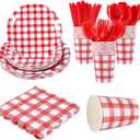 168Pcs Gingham Party Supplies for 24 Guests Thick Napkins and Paper Plates Knives Spoons Forks Cups Disposable Tableware Set Cutlery for Dinner Baby Shower Wedding Favor(Red)