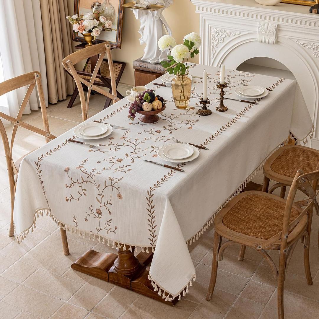 Joyfol Day Linen Waterproof Tablecloth with Tassels, Rustic Farmhouse Flowers Embroidery Table Cloths for Rectangle Tables, Heavy Weight Spill-Proof Table Covers, Coffee Florals, 55''x 120''