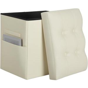 Ottoman with Storage, Slim Tall Foot Rest Stool with Thicker Foam Padded Seat. Folding Leather Storage Ottoman Furniture with Handles & Side Pocket for Living Room Bedroom 350 lbs, 17x13x17in, Beige