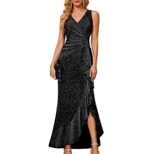 BeryLove Sequin Formal Wedding Guest Prom Cocktail Party Long Ruffle Dresses Sparkly Evening Mother of The Bride Dress (Black, XL)