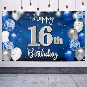 Happy 16th Birthday Decorations,16th Blue & Silver Balloon Large Birthday Banner Backdrop Sign,Cheers to Sixteen Years Old Bday Party Supplies.