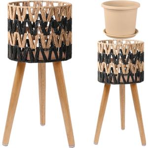 KGPLOME Single Indoor Plant Stand with Planter Pot,10 inch Bohemian Wood Planter Holder for Living Room Bedroom Decor Modern Home Decor (1, Beige Black)