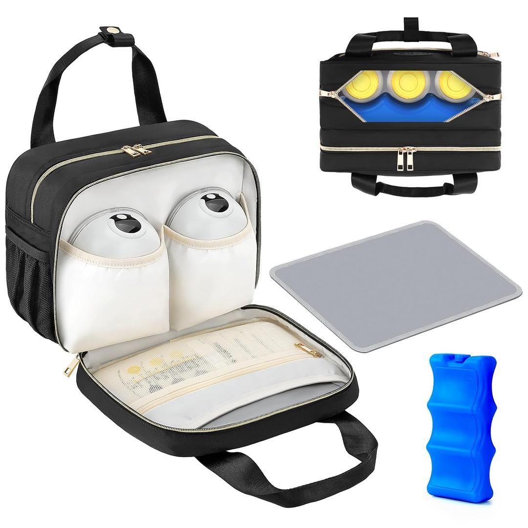 PIIOSER Breastmilk Cooler Travel Bag with Ice Pack, Compatible with Wearable Breast Pumps & Accessories - Portable Hands Free Breast Pump Carrying Case for Nursing & Working Moms, Black