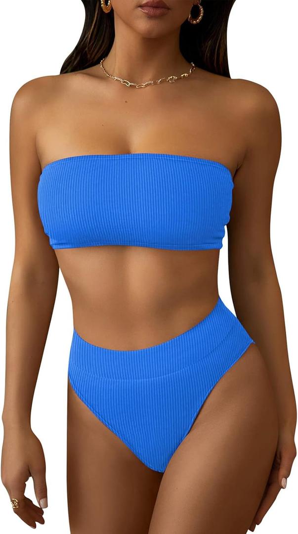 Pink Queen Strapless Swimsuits for Women Sexy Ribbed Bandeau Bikini Top Cheeky High Rise Bathing Suit Blue, Medium 