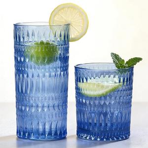 Loivttvv Glassware Drinking Glasses Set of 8, 14 oz Highball Glasses & 10 oz Ribbed Glass Cups, Vintage Glassware for Water, Juice, Cocktail, Whiskey (Blue)