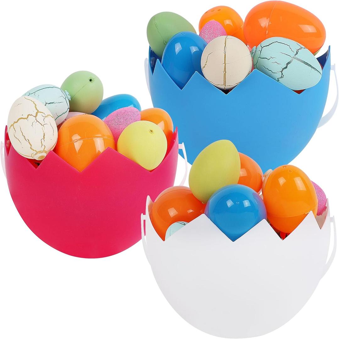 Zcaukya 3 Packs Easter Buckets, Plastic Baskets with Handles, Empty Adorable Easter Pails for Kids Easter Egg Hunt Holiday Decorations Party Favors Supplies (Eggshell Buckets - 3 Packs)