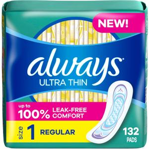 Always Ultra Thin Pads without Wings, Size 1, Regular, 132 Count (3 Packs of 44)