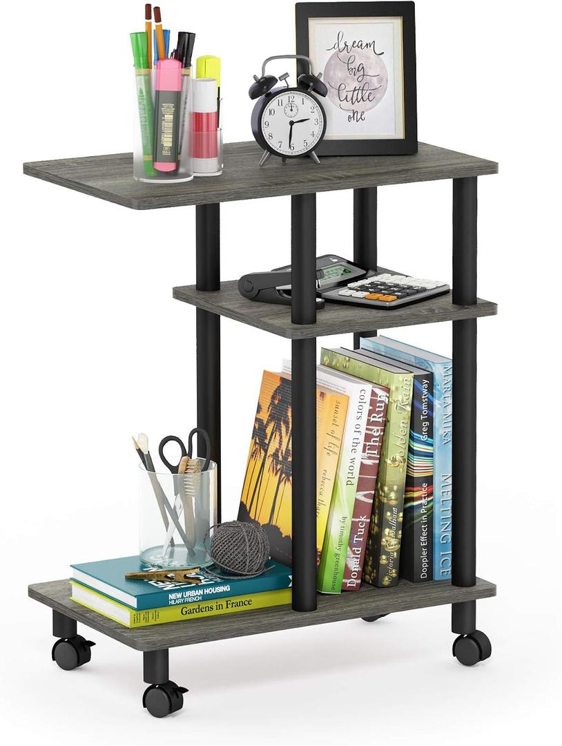 Furinno Turn-N-Tube C Shaped Side Table with Casters, French Oak Grey/Black, C-shape Plastic Pole With Caster