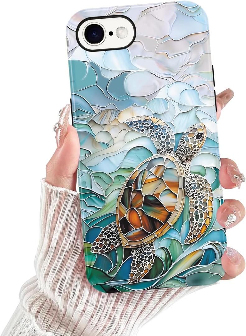 for iPhone 16e Stained Glass Phone Case 6.1", Aesthetic Blue and Green Turtle Ocean Sea Case Cute Pattern Print Design Cover Anti-Scratch Glossy Prevention Funda for Woman Girls Men