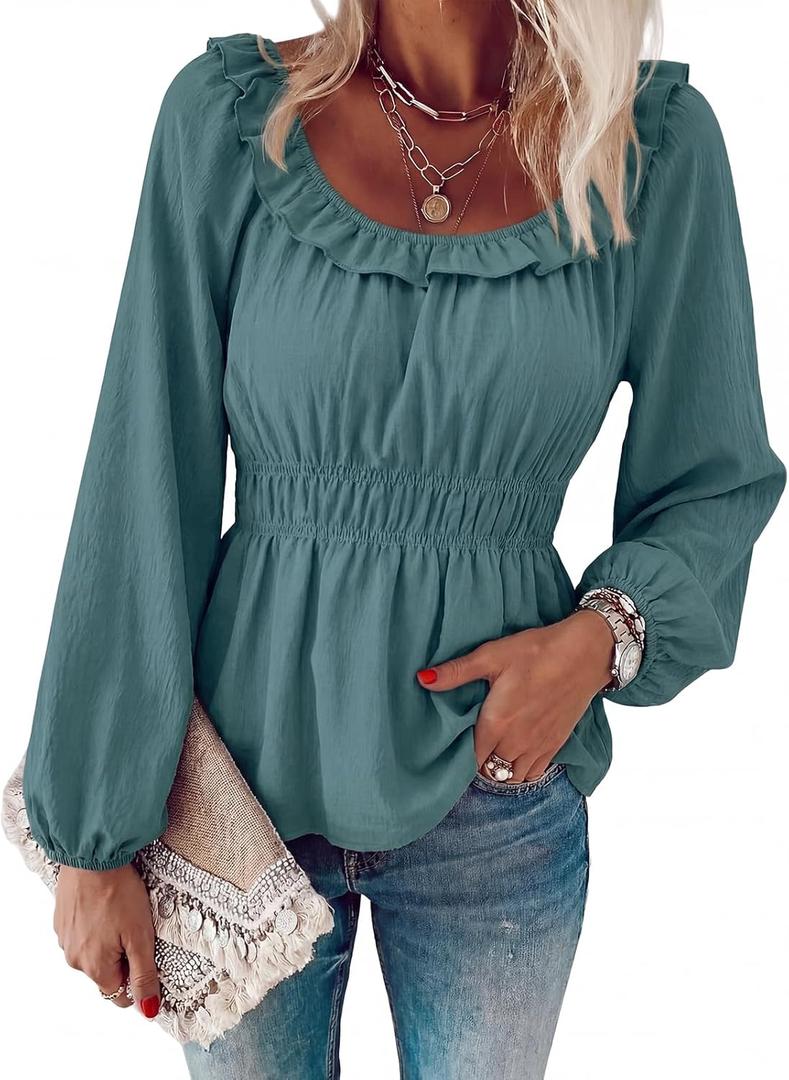 Womens Puff Long Sleeve Babydoll Tops Square Neck Ruffle Peplum Blouse Smocked Loose Fit Tunic Top Dressy Tee Shirts (Medium, Green)