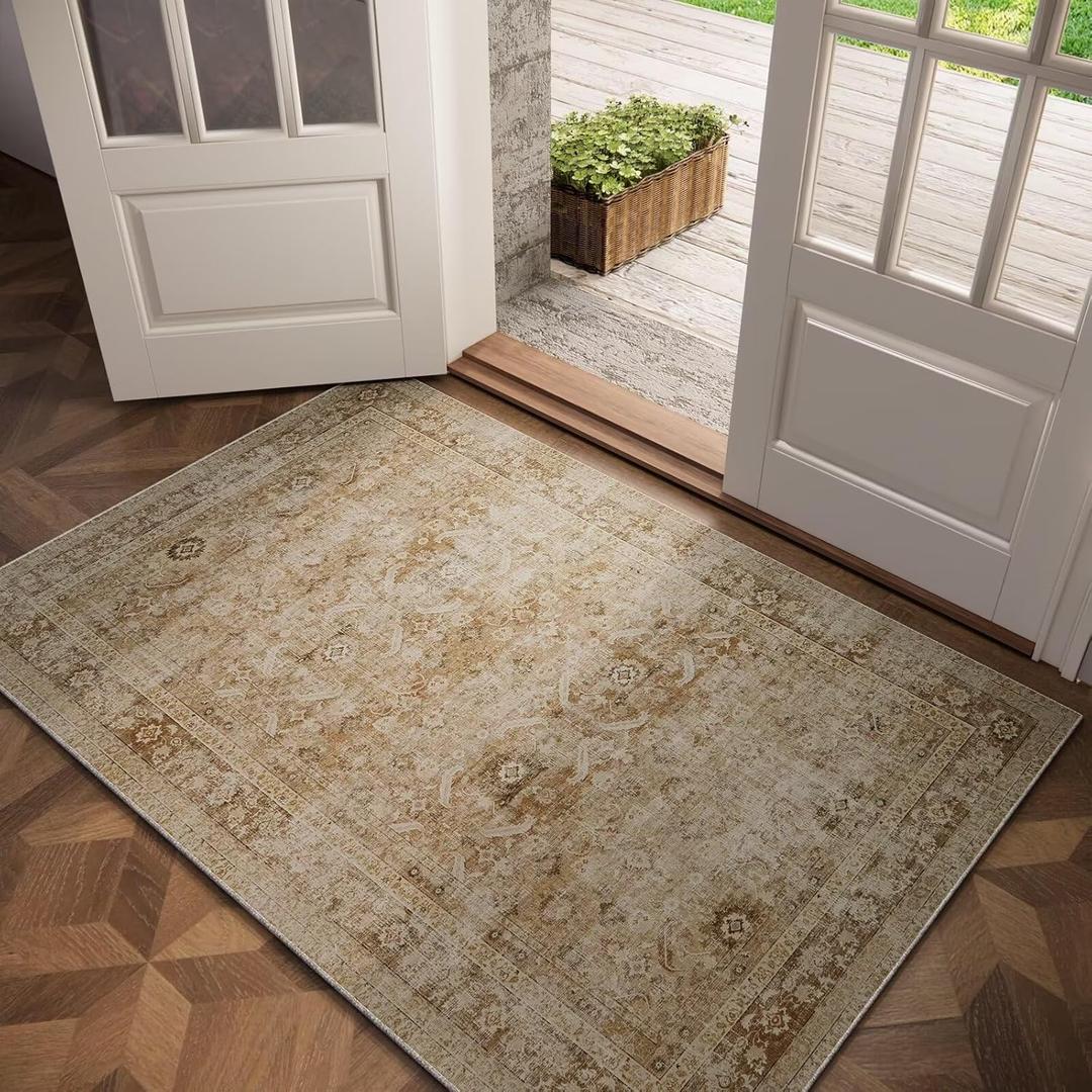 Washable 3x5 Entryway Rug, Boho Non-Slip Vintage Distress Small Rugs for Kitchen Nursery Office Bedroom, 0.3" Neutral Oriental Throw Thin Carpet with Cushioning Pad, Brown/Multi, C1