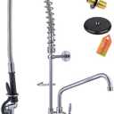Commercial Sink Faucet with Pre Rinse Sprayer, Wall Mount Kitchen Faucet for 3 Compartment Sink, 36" Height, 8 Inch Restaurant Commercial Faucet with 12’’ Spout, Brass, Industrial