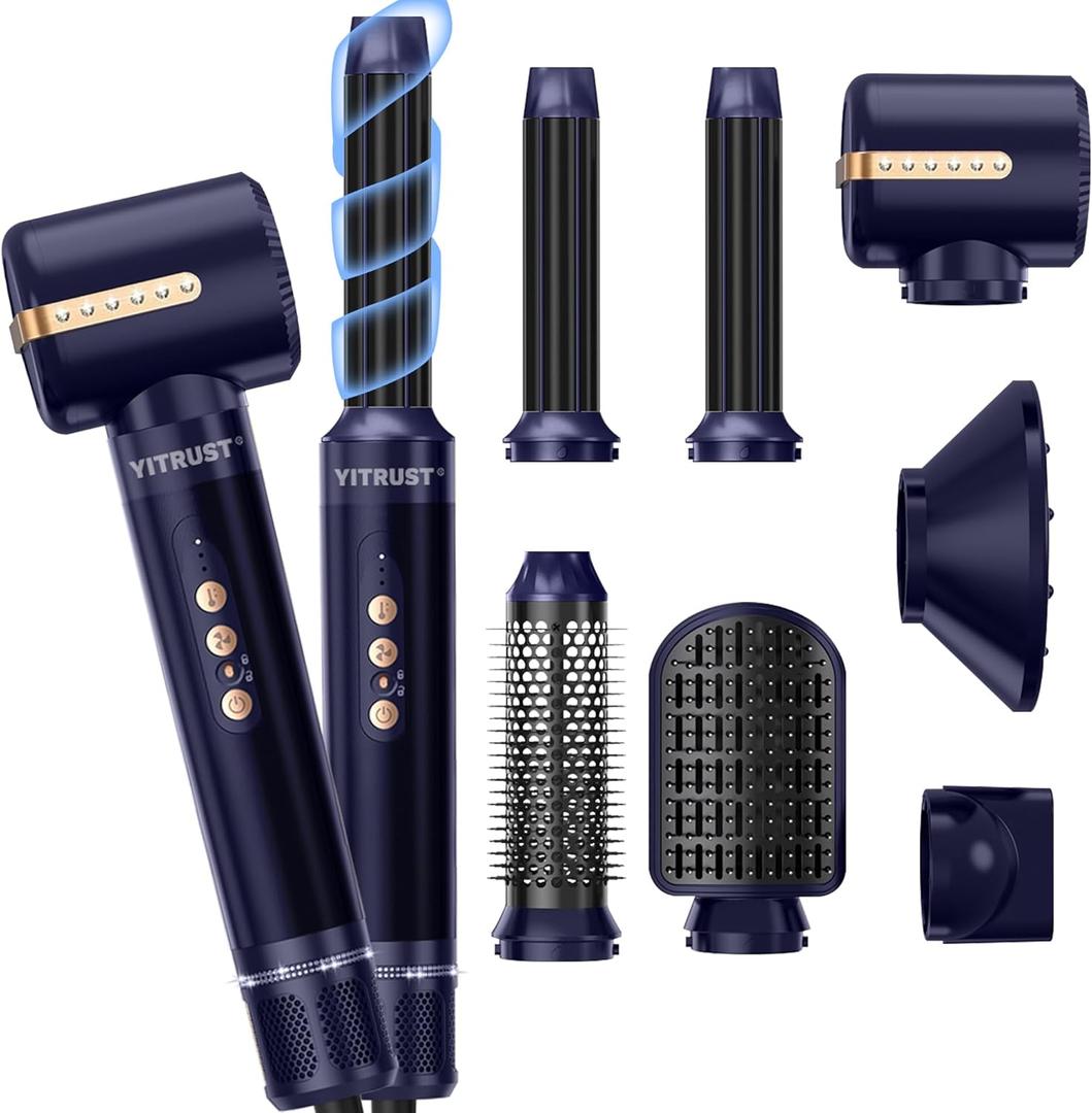 Blow Dryer Brush 7inONE,110000RPM High-Speed Negative Ionic Hair Dryer with Diffuser Concentrator,Curling Iron Hair Straightener Round Brush Blow Out Magic Styler,Volumizing Air Styler (Blue Gold)