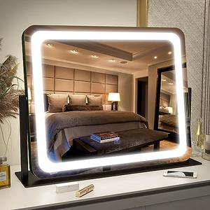 FENNIO Vanity Mirror with Lights 22"x17",LED Lighted Makeup Mirror,Large Makeup Mirror with Lights,Touch Screen with 3-Color Lighting,Led Mirror Makeup,Dimmable,for Vanity Desk Tabletop,Bedroom