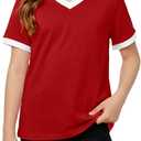 Poroka Girls Short Sleeve Shirt V-Neck Tee with Ribbed Trim Plain T-Shirts Soft Fashion Summer Tops for Girls, 7-14 Years (Red)