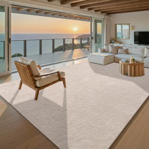 U'Artlines 9x12ft Washable Area Rug for Living Room, Neutral Beige Modern High-Low Pile Rug for Bedroom, Non Slip Soft Cozy Fluffy Large Floor Carpet for Dining Area, Kids Nursery Room