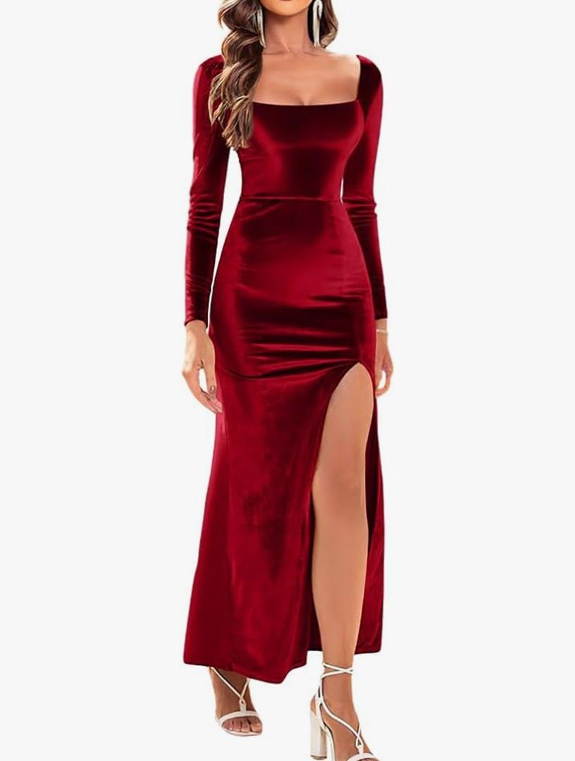 LAGSHIAN Women's Velvet Long Sleeve Bodycon Maxi Dress Square Neck High Waist Slit Party Long Dresses S