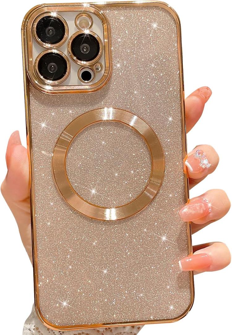 MGQILING Compatible with iPhone 12 Pro Max Magnetic Glitter Case, Luxury Plating Cute Bling Clear Phone Case, Compatible with MagSafe for Women Girls with Camera Protector Back Cover - Gold