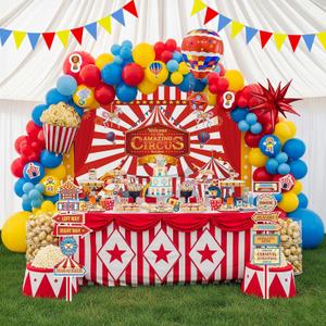 Circus Theme birthday party decorations & include red blue yellow balloon garland & foil hot air popcorn balloons & banner carnival road sign paper card background decor