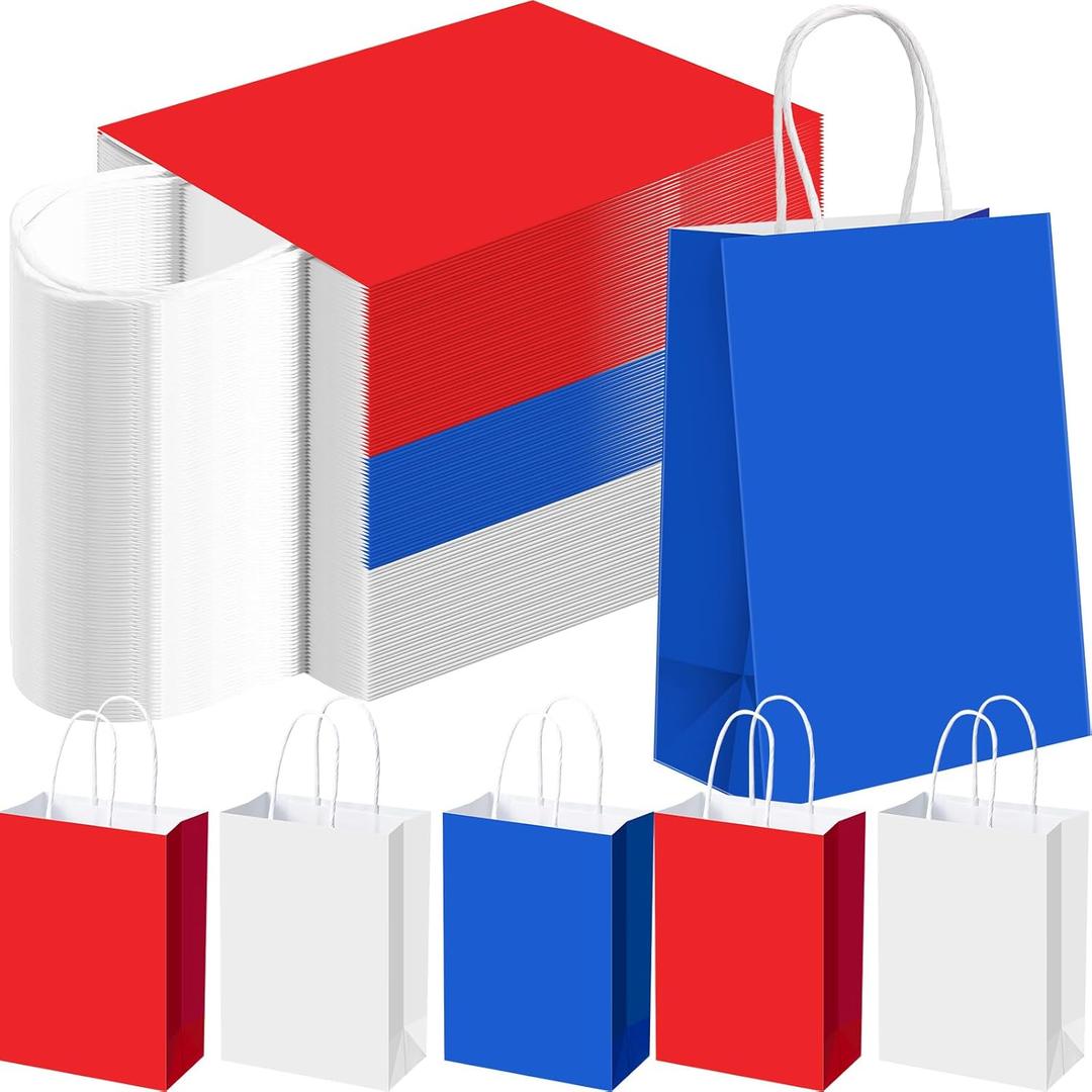 Chivertion 100 Pcs Veterans Day Gift Bag with Handle Patriotic Paper Treat Bags Red White and Blue Gift Bags Goody Bag for Veterans Day Party Favor Decorations Supplies