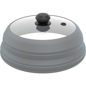 Microwave Splatter Cover Vented Glass Splatter Guard Lid with Collapsible Silicone for Food as Pot Cover 11.8 inch Large Plate for 6 7 8 9 10 11 inch Plate Bowl Light Grey