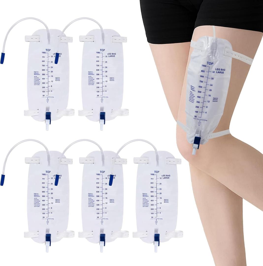 5-Pack 1000ML Leg Bags for Urine Collection, Comfortable & Discreet with Easy Flip-Tap Drain, Leak-Proof Design for Active Lifestyle