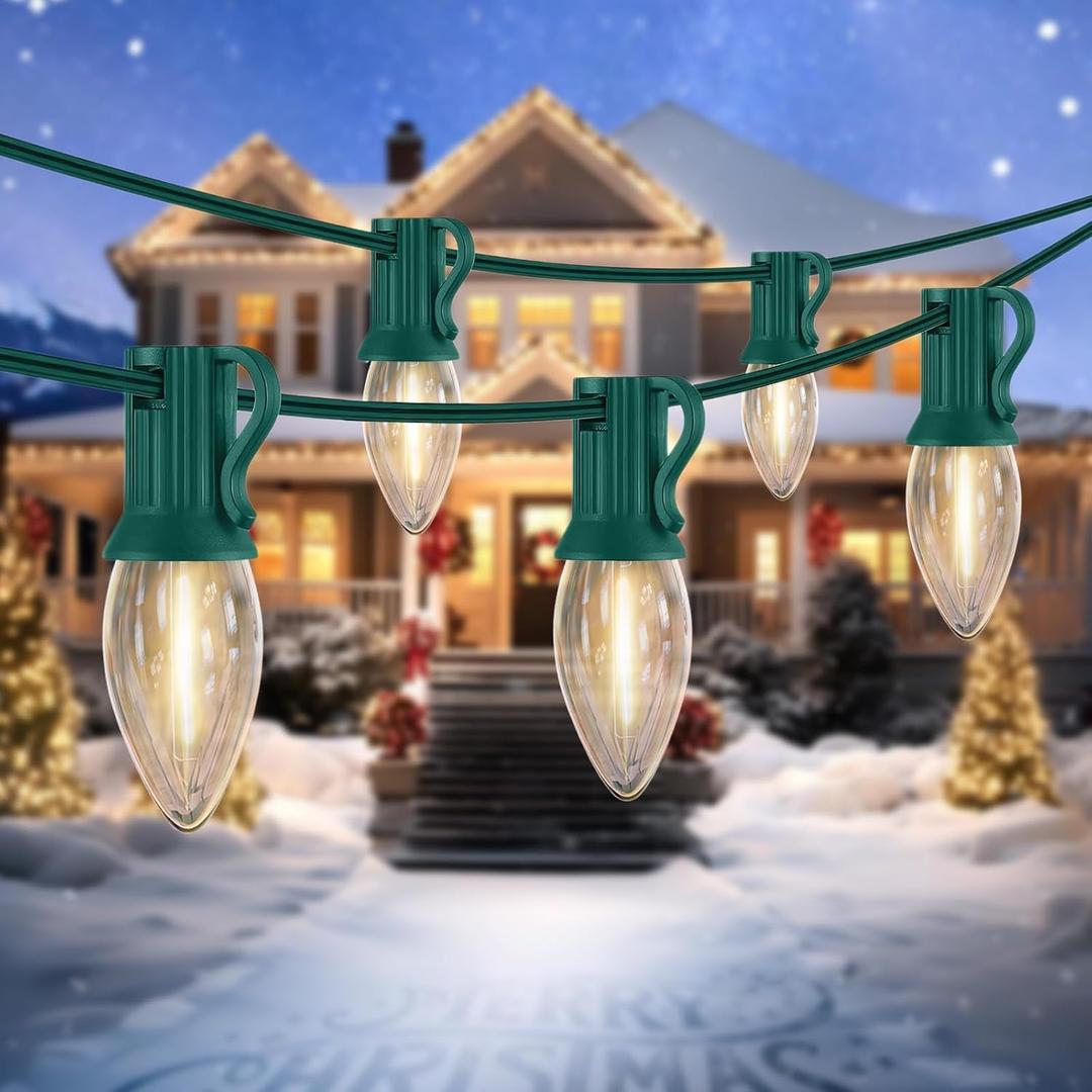 2 x C7 LED Christmas & Halloween Lights - 12FT Outdoor Clear String Lights with 12 Vintage C7 Bulbs, Warm White Hanging Decor for Porch, Garden, Backyard, Balcony, Holiday Party