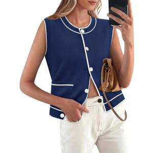 Yousify Womens Knit Tank Tops 2025 Summer Sleeveless Sweater Vest Round Neck Button Down Casual Cardigan with Pockets (Small, Navy Blue)