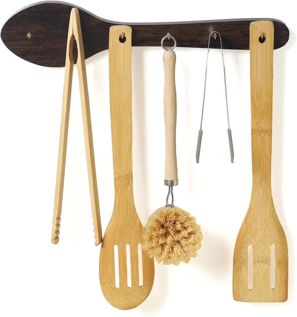 Remerry Kitchen Utensil Hanger Wood Hooks for Hanging Cooking Utensils Wooden Utensil Hanger Rustic Spoon Shape Hanging Cooking Utensils Organizer Rack Kitchen Wall Decor for Family with 6 Hooks